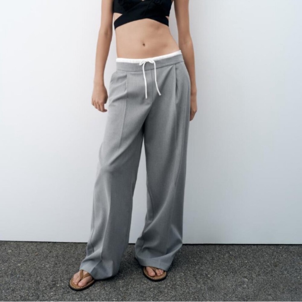 Zara Gray Wide Leg Trousers Pants with Drawstring for Tightening XS